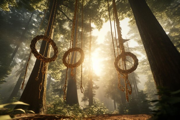 Tres anillos de madera cuelgan de cuerdas en un bosque de niebla