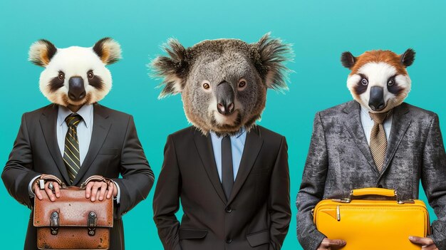 Foto tres animales de negocios con trajes y corbatas un panda un koala y un lémur todos están mirando a la cámara el panda tiene un maletín
