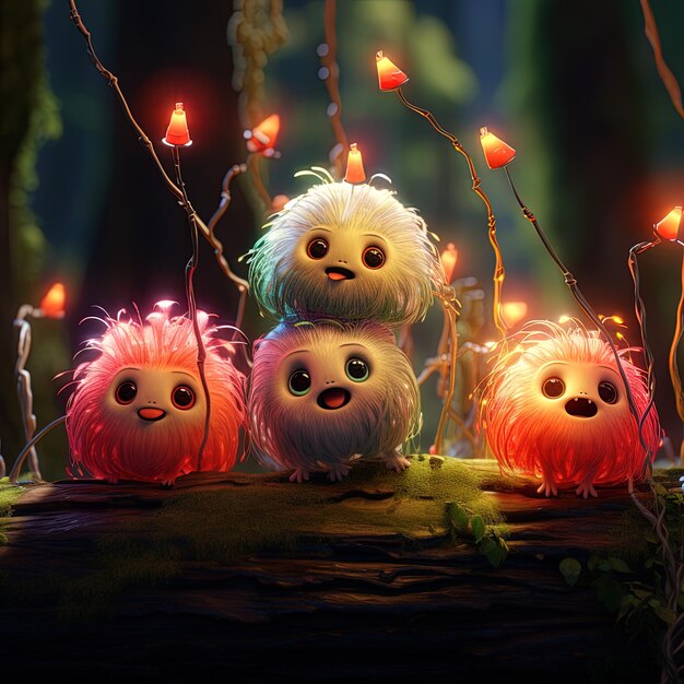 tres animales de peluche con luces a su alrededor de los cuales uno tiene una luz roja