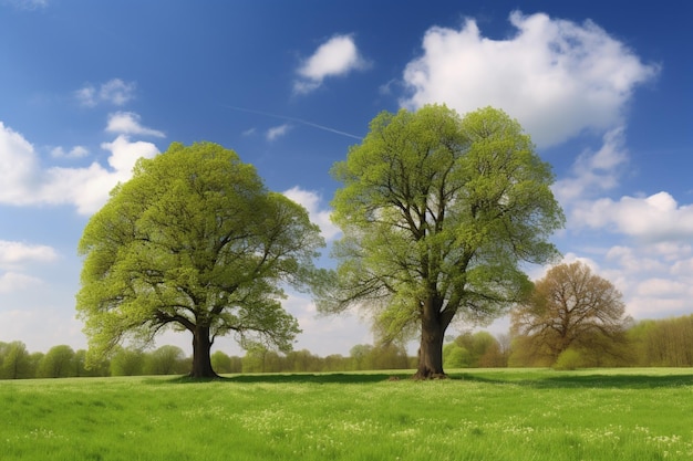 Tres árboles en un campo con cielo azul y nubes.