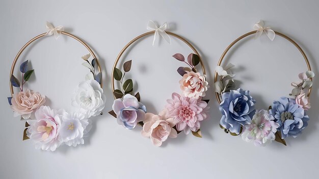 Tres aros florales hechos de flores de papel en colores pastel los aros están colgando en una pared blanca