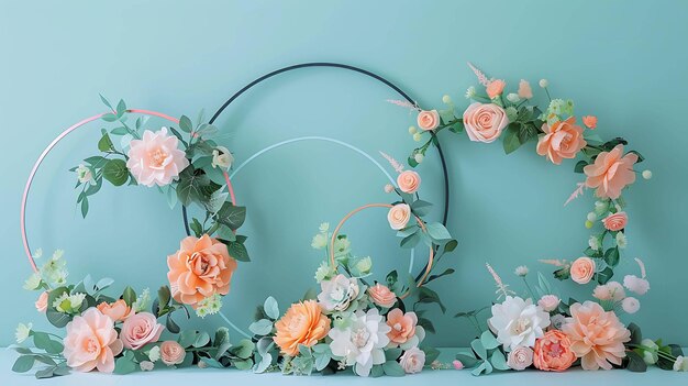 Foto três aros metálicos com flores de cor pêssego e creme em um fundo azul