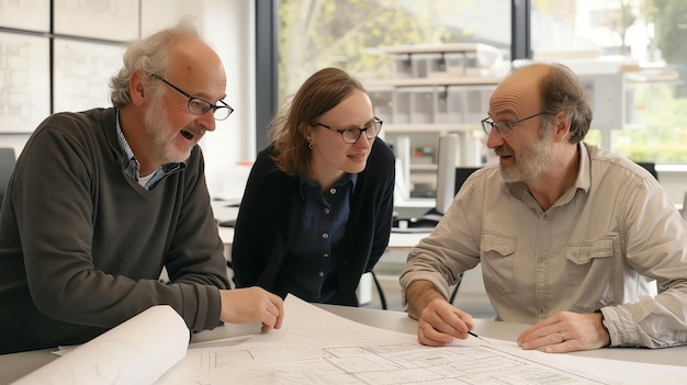 Foto tres arquitectos discutiendo planos en una oficina