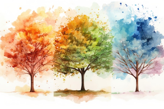 Três árvores com cores vibrantes Generative AI