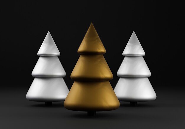Três árvores de Natal de prata e ouro sobre fundo preto. Feliz Natal e feliz ano novo Copie o espaço mínimo. Renderização 3D. 2022 anos