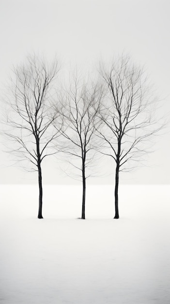 três árvores em um campo com neve no chão