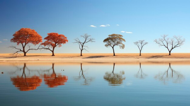 três árvores em uma paisagem desértica com um céu azul e água com nuvens ao fundo