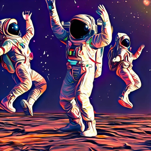 Tres astronautas bailando en un planeta.