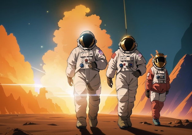 Foto três astronautas caminham em um traje espacial em frente a uma montanha.