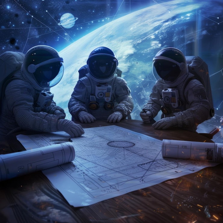 Foto tres astronautas están mirando un mapa de la tierra