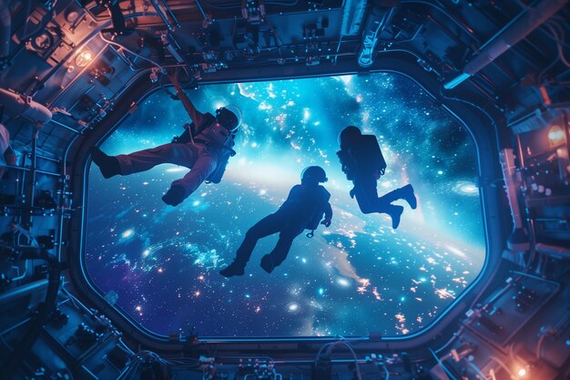 Três astronautas estão flutuando no espaço em um ônibus espacial