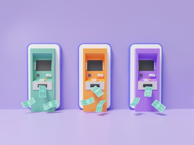 Três atm máquina de depósito automático verde laranja roxo na nota de transferência de dinheiro do telefone móvel flutuando com fundo pastel de parede finanças ilustração de transação on-line renderização em 3d