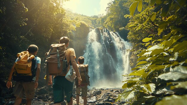 Três aventureiros um pai e seus dois filhos exploram uma floresta tropical exuberante