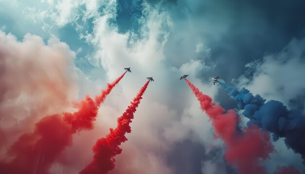 Tres aviones de combate están volando en el cielo dejando un rastro de rojo azul