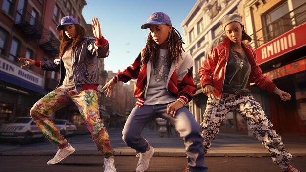 Foto tres bailarines de hip hop en una calle de la ciudad