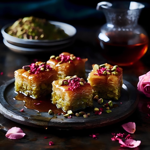 Três baklava em um prato com flores na mesa.