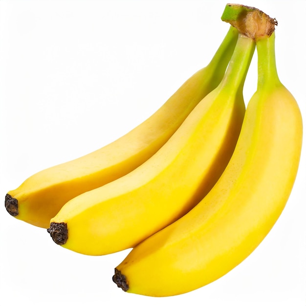 Três bananas amarelas maduras sobre um fundo branco