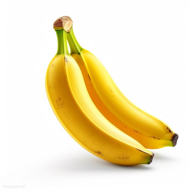 Três bananas estão sobre um fundo branco.