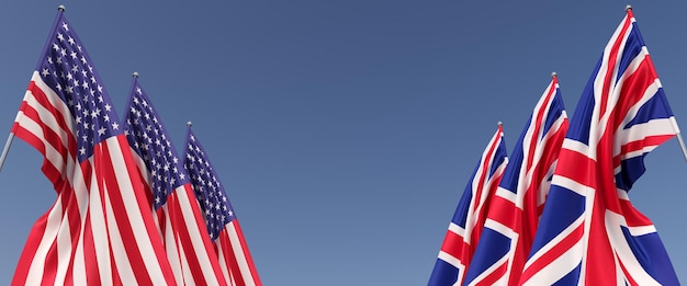 Três bandeiras do Reino Unido e dos Estados Unidos em mastros nas laterais Bandeiras em fundo azul Lugar para texto Grã-Bretanha Londres Inglaterra Washington Commonwealth ilustração 3D