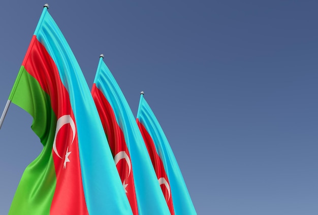 Tres banderas de Azerbaiyán en el asta de la bandera sobre fondo azul Lugar para el texto La bandera se despliega en el viento Azerbaiyán Asia Bakú Ilustración 3D