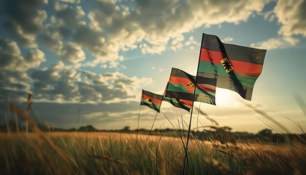 Tres banderas están volando en el cielo una de las cuales es una bandera roja, blanca y negra