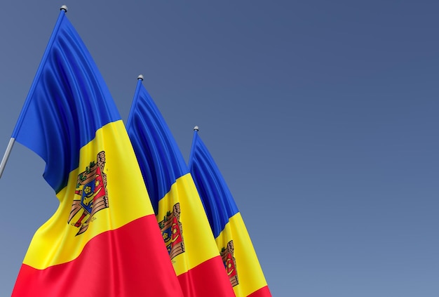 Tres banderas de Moldavia en el asta de la bandera sobre fondo azul Lugar para el texto La bandera se despliega en el viento Chisinau Europa Moldavia ilustración 3D