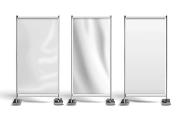 Foto três banners enrolados em branco em um estande adequados para materiais de marketing