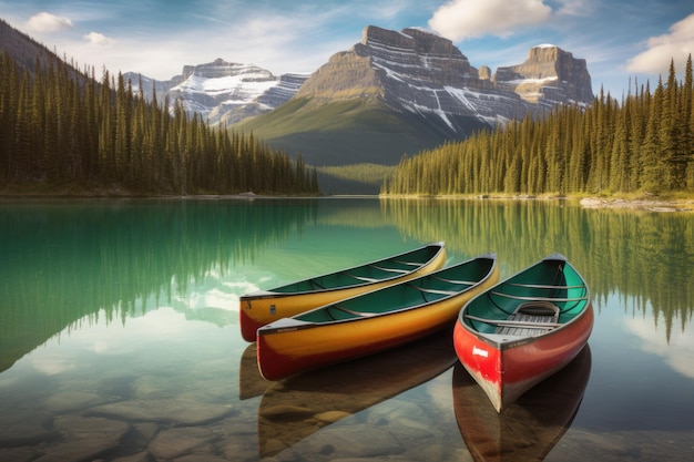 Três barcos coloridos ou canoas no lago de água verde ou rio no parque nacional nas montanhas