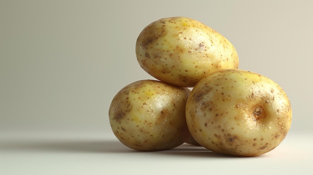 Três batatas castanhas sentadas numa superfície de cor bege contra um fundo bege As batatas estão limpas e têm uma aparência ligeiramente brilhante