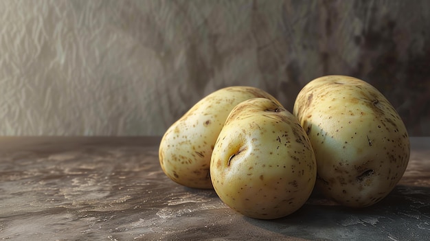 Foto três batatas castanhas sentam-se numa mesa de mármore as batatas são de diferentes tamanhos e formas e têm uma pele de textura áspera