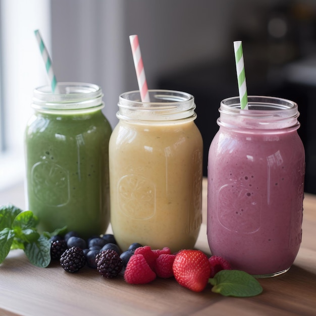 Tres batidos con pajitas y una pajita de rayas verdes y blancas.