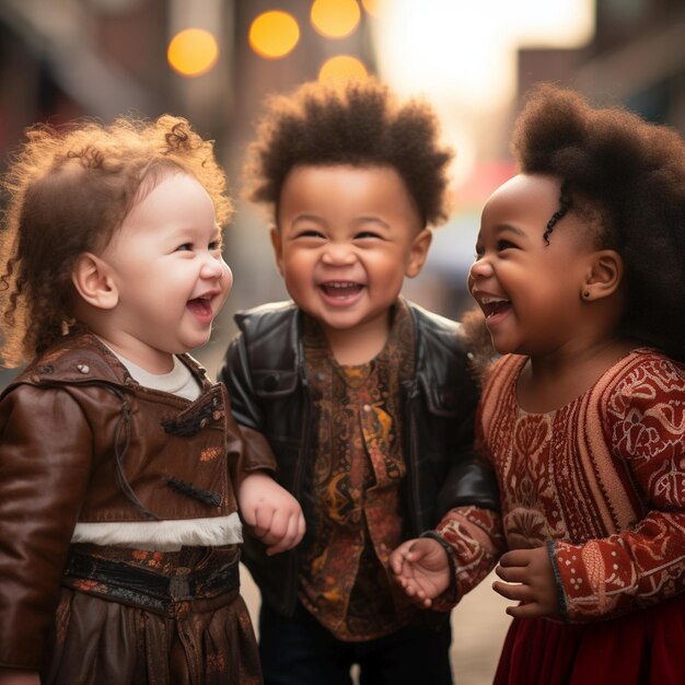 Tres bebés jóvenes de razas mixtas bailando sonriendo y mirándose unos a otros