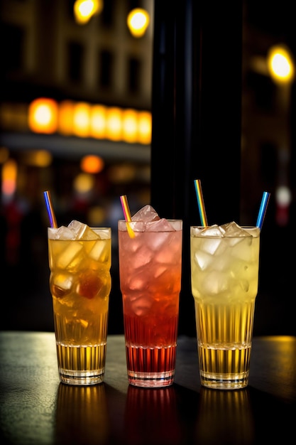 Tres bebidas de diferentes colores sentado encima de una mesa