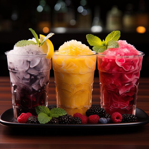 Três bebidas diferentes com frutas e sorvete