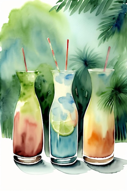 Três bebidas estão alinhadas na frente de uma palmeira