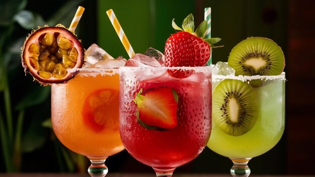 Foto três bebidas feitas com morango de fruta da paixão e kiwi caipirinha