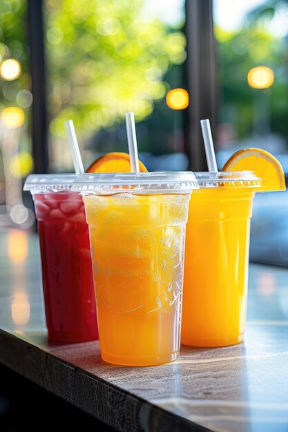 Foto tres bebidas en una mesa una es naranja una es roja y una es púrpura