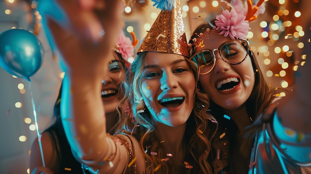 Três belas jovens estão a celebrar uma festa de aniversário, todas com chapéus de festa e sorrindo.