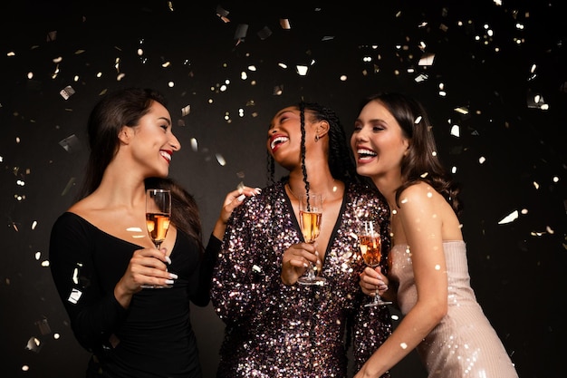 Três belas moças com belos vestidos a beber champanhe a rir.