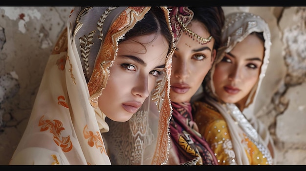 Foto três belas mulheres com chapéus tradicionais do oriente médio