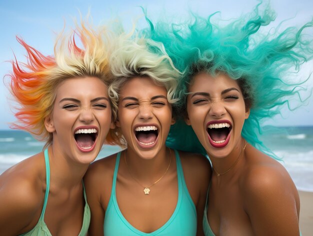 Foto três belas mulheres loiras se divertindo em uma praia de areia com mar com diferentes penteados