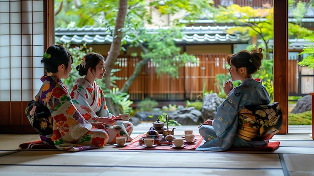 Três belas mulheres vestindo kimonos tradicionais japoneses estão sentadas no chão de uma casa tradicional japonesa