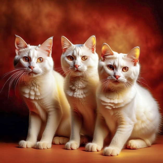 Três belos gatos de raça pura em um fundo simples