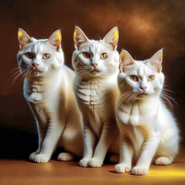Três belos gatos de raça pura em um fundo simples