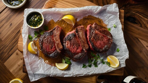 Três bifes de carne fresca com osso branco papel artesanal mesa de madeira