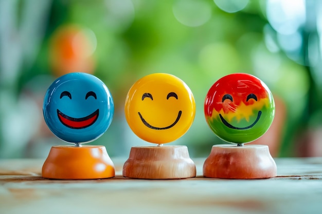 Tres bolas de caras sonrientes coloridas en una mesa de madera