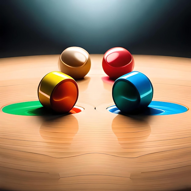 Foto tres bolas de colores en una mesa de madera con una que dice 