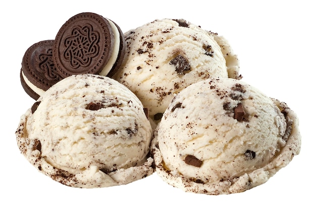 Três bolas de biscoitos e sorvete de creme isolado em branco com traçado de recorte
