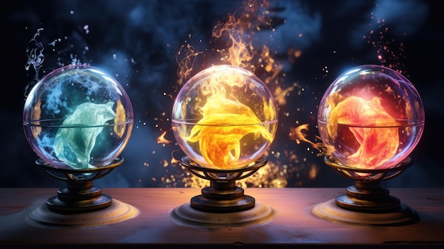 Três bolas de cristal com elementos hipnotizantes de fogo e água