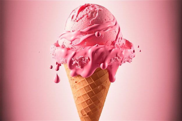 Três bolas de delicioso sorvete de morango em cone de bolacha respingo de leite rosa gerado inteligência arificial